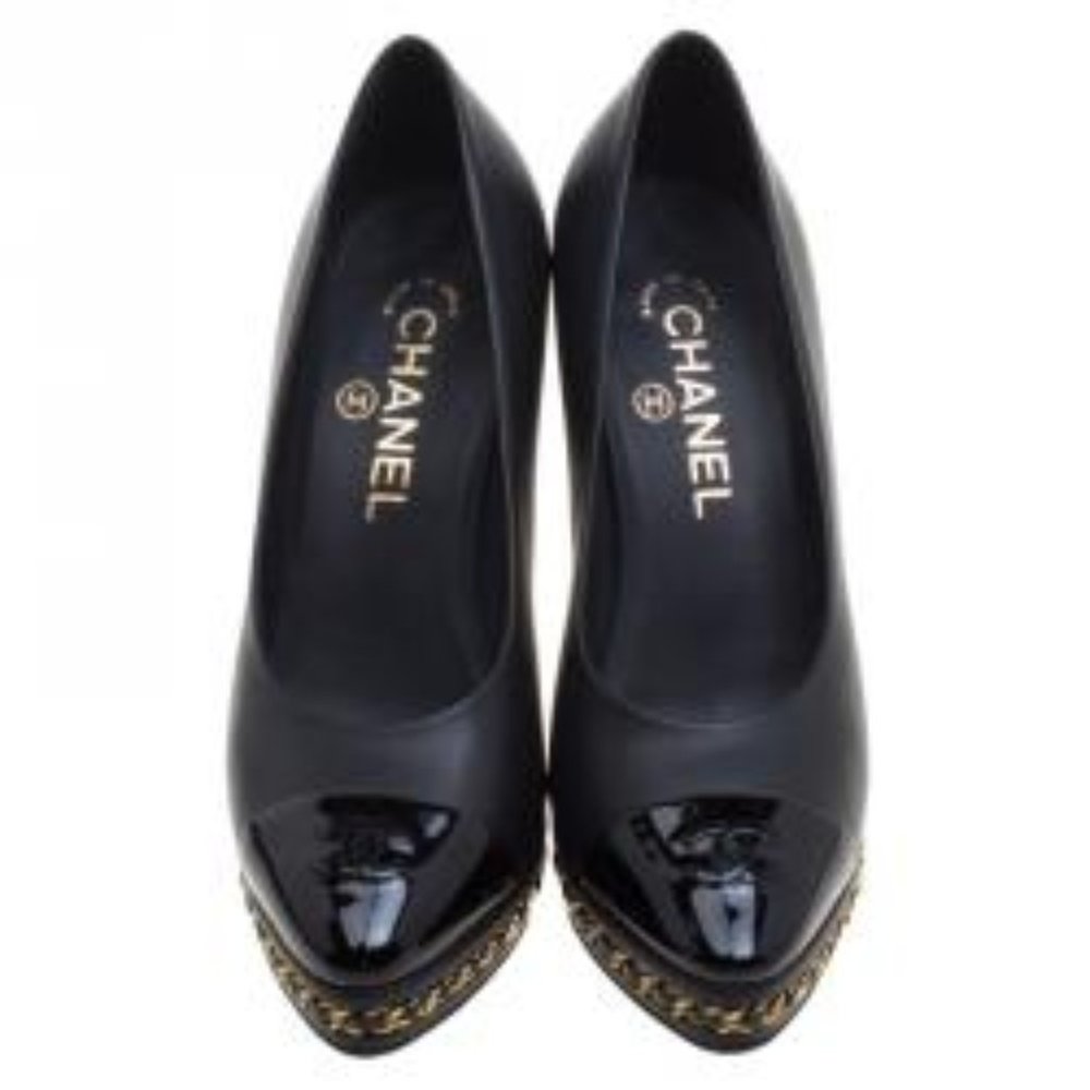 Black Leather Cc Cap Toe Chain Platform Size 36.5 Pumps